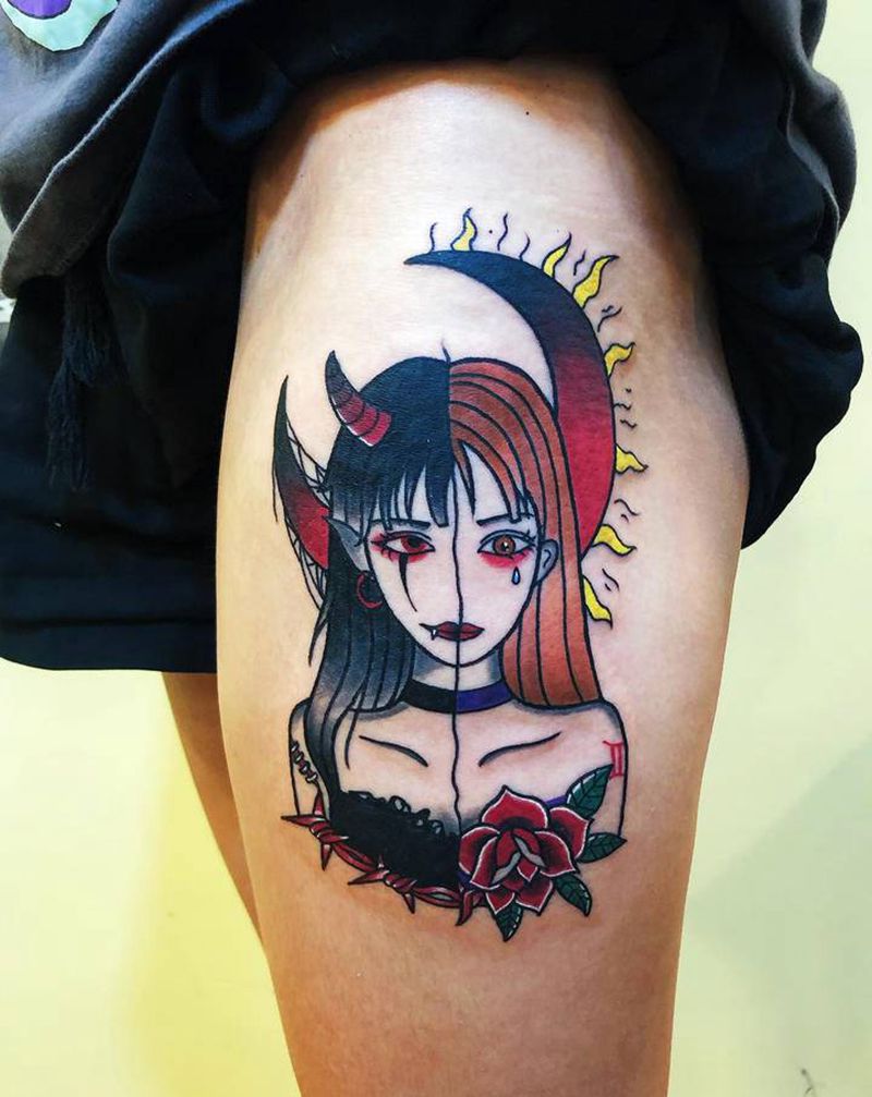 双子自画像纹身图片_腿部Old School纹身图案