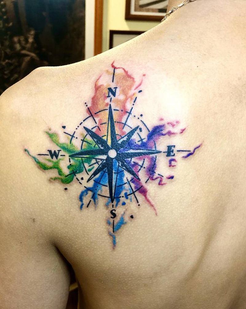 水彩指南针纹身图片_背部水彩纹身图案