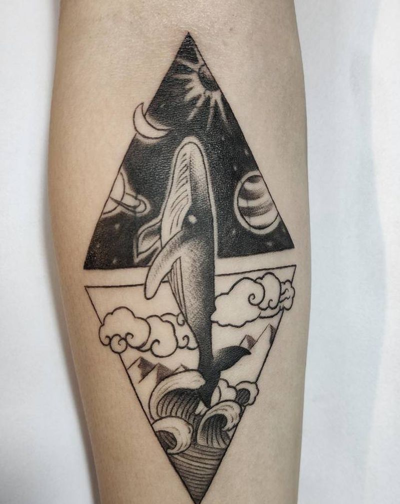 鲸鱼遮盖纹身图片_手臂几何纹身图案