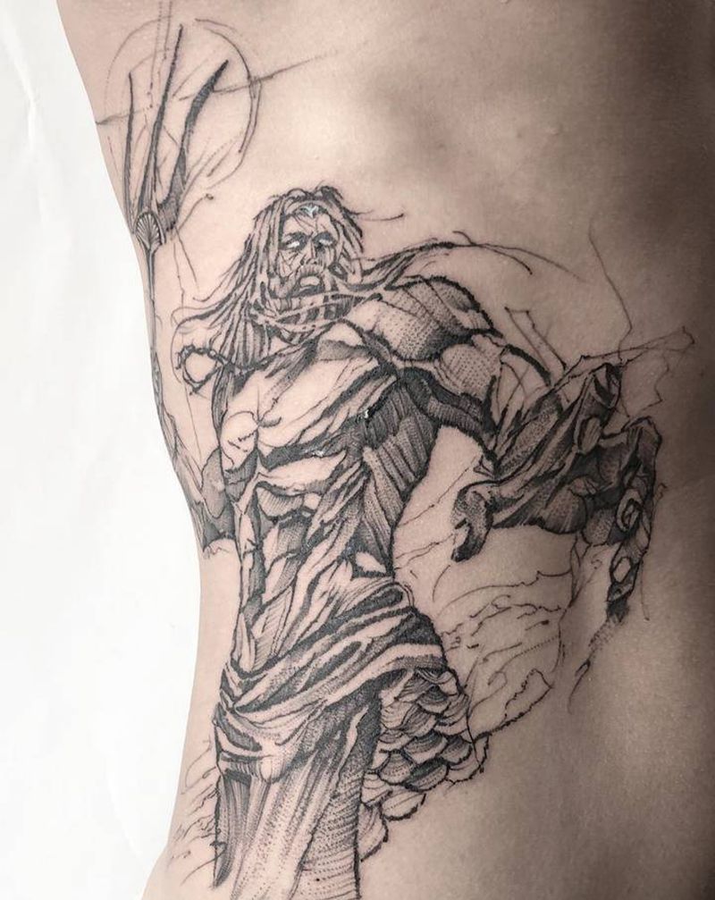 海神纹身图片_腰部水墨海神纹身图案