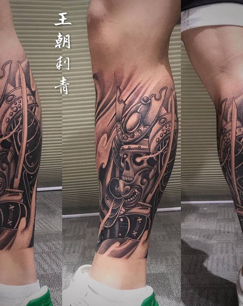 鬼武士纹身图片_腿部新传统鬼武士纹身图案
