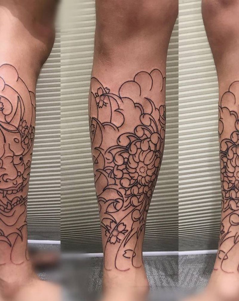 般若纹身图片_腿部老传统般若菊花纹身图案