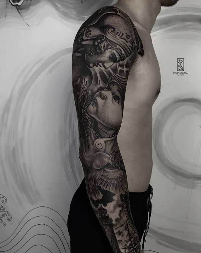 肖像花臂纹身图片_手臂欧美写实纹身图案