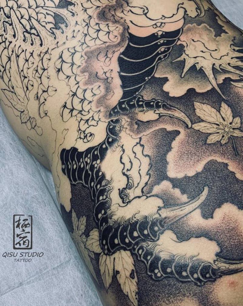 龙未完纹身图片_背部新传统老传统纹身图案