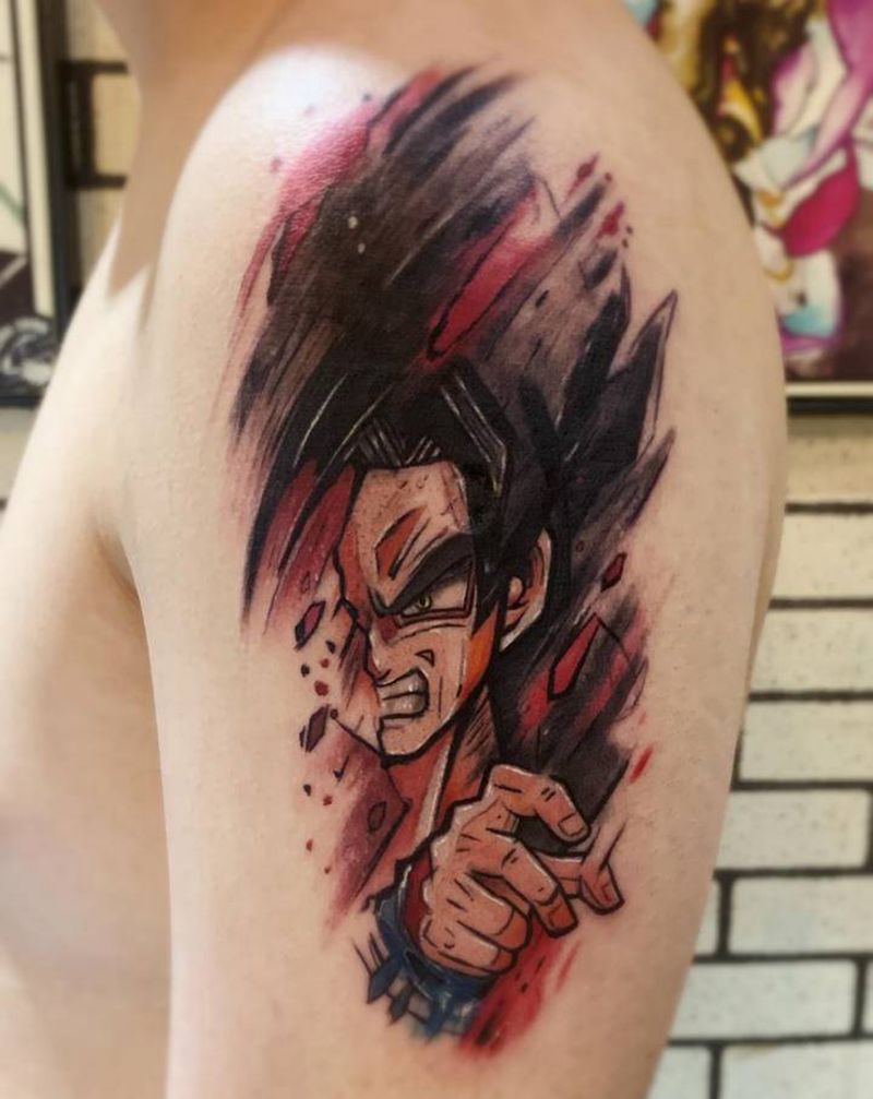 卡卡罗特 动漫纹身图片_手臂肩部New School水彩动漫纹身图案