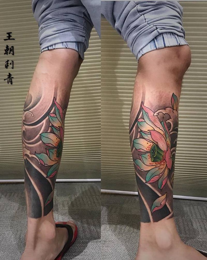 鲤鱼纹身图片_腿部新传统鲤鱼莲花纹身图案