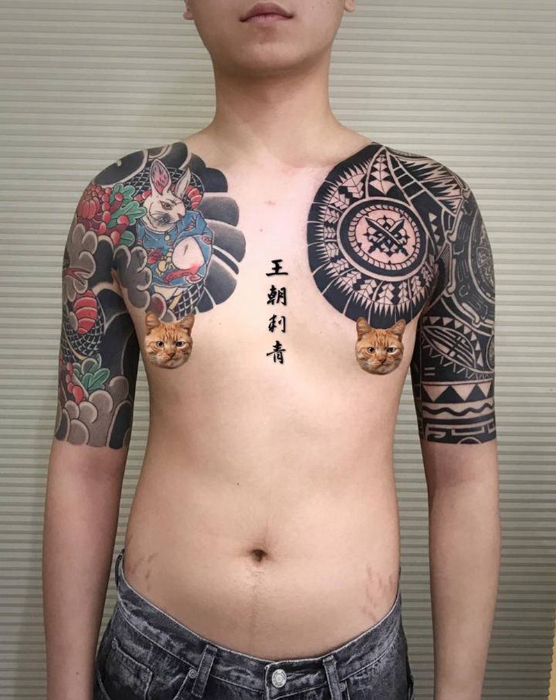 半甲纹身图片_手臂胸部老传统半甲纹身图案