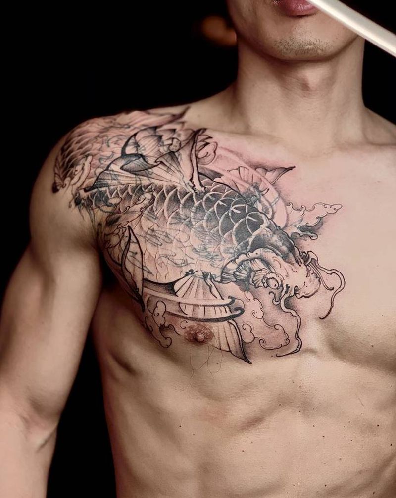 鲤鱼遮盖未完成待上色纹身图片_胸部新传统纹身图案