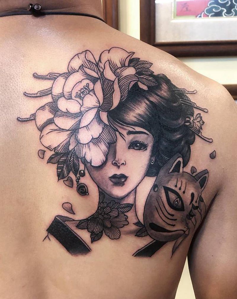 艺妓纹身图片_背部新传统纹身图案