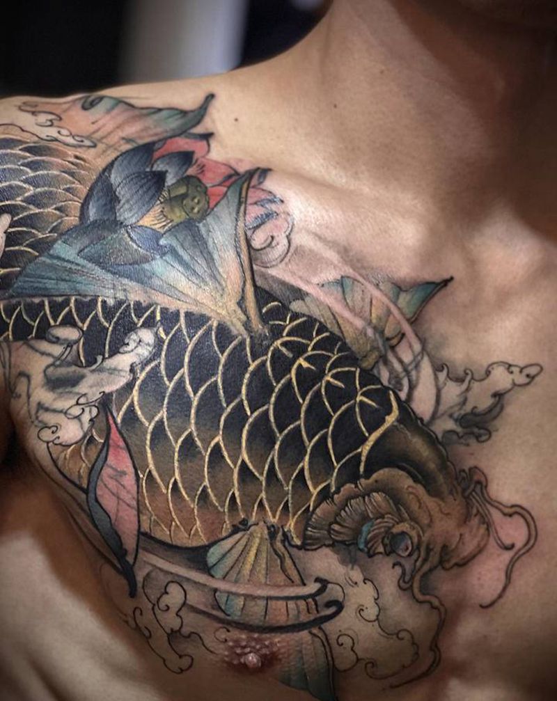 鲤鱼遮盖旧纹身纹身图片_胸部新传统纹身图案