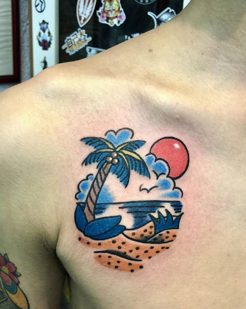 椰树纹身图片_胸部Old School纹身图案