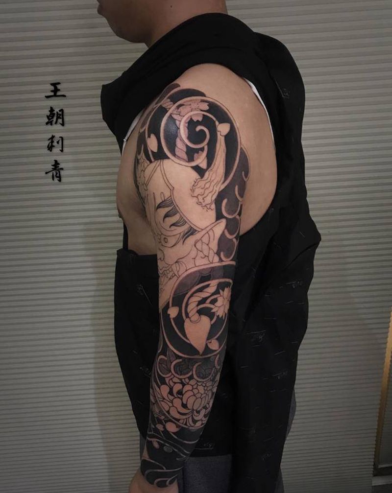 老传统花臂纹身图片_手臂老传统艺妓般若菊花纹身图案