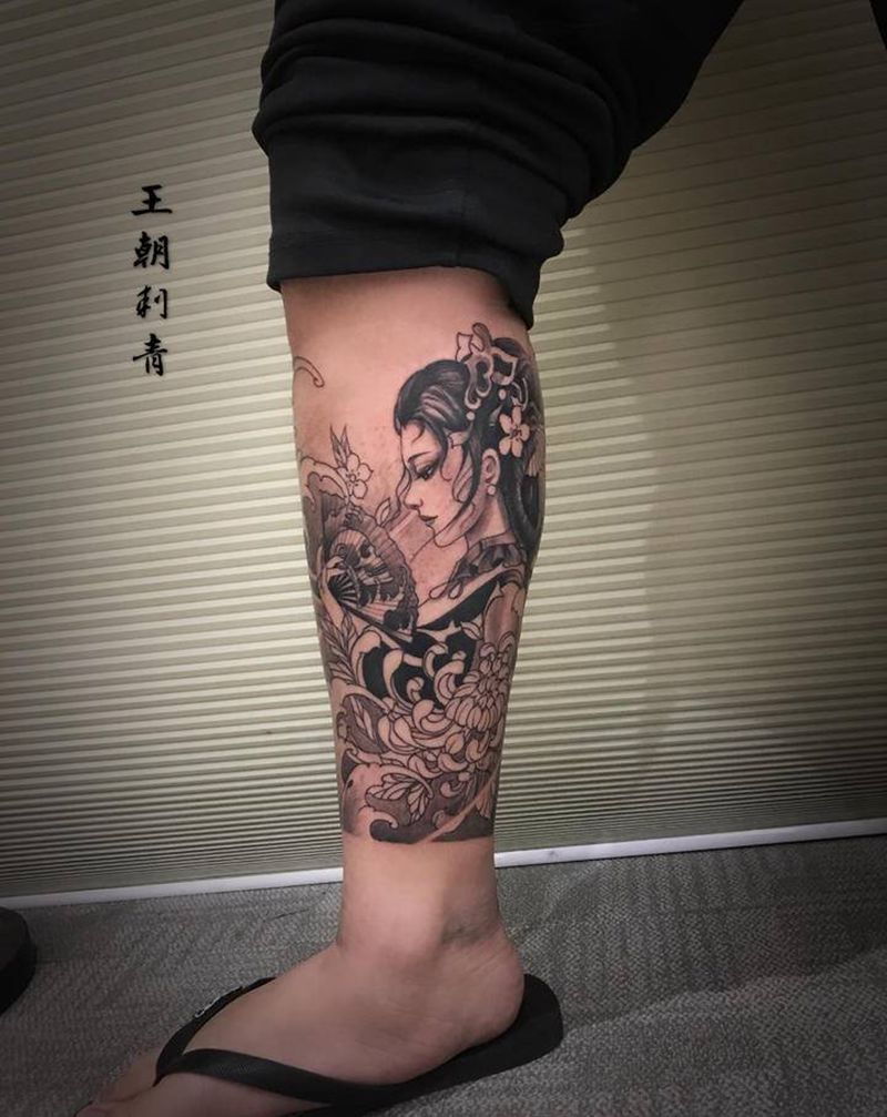 艺妓纹身图片_腿部新传统艺妓纹身图案