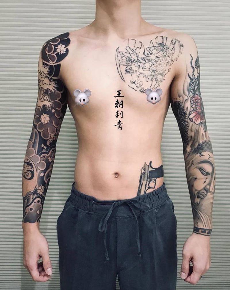 老传统纹身图片_手臂老传统龙达摩蛋菊花纹身图案