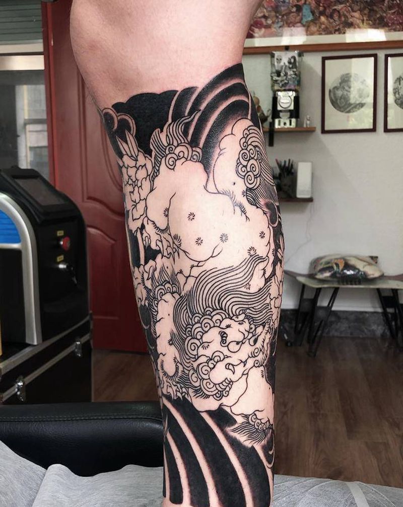 老传统龙唐狮未完成纹身图片_脚部老传统纹身图案