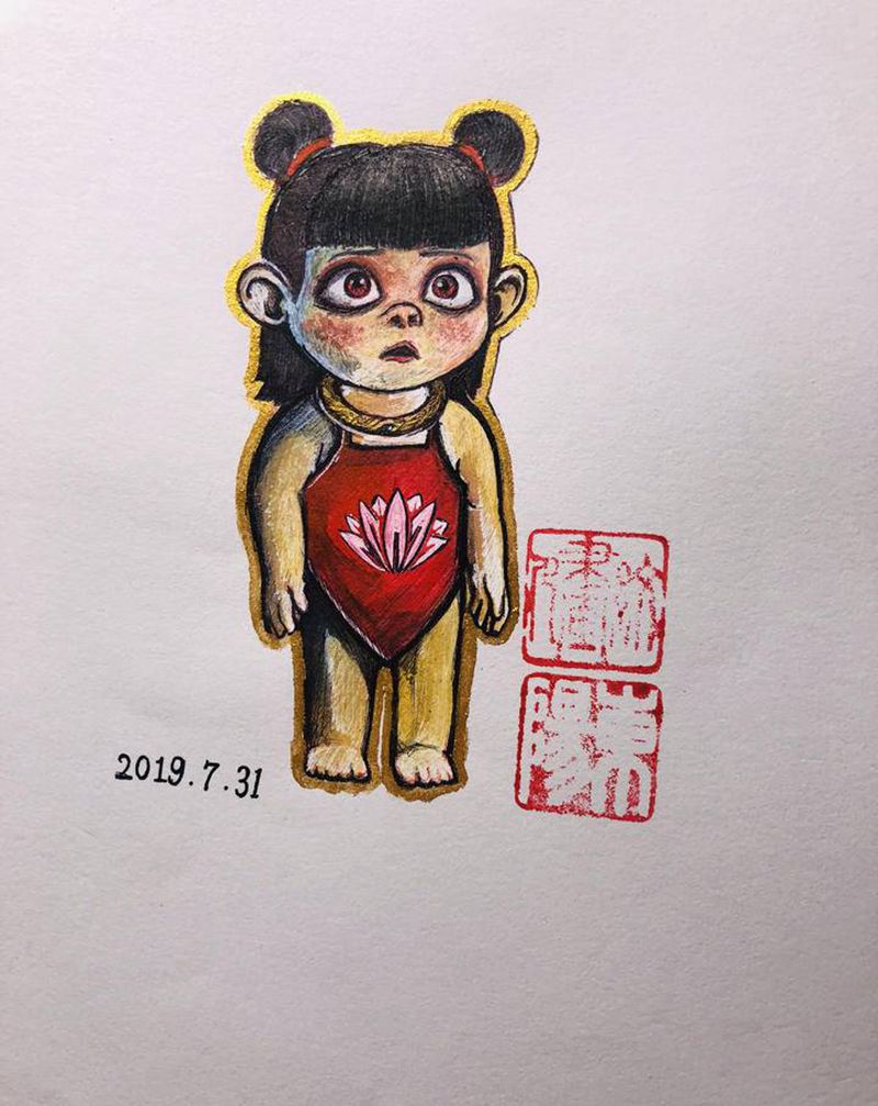 魔丸哪吒纹身图片_手臂水彩New School纹身图案