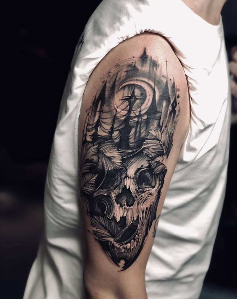 暗黑风纹身图片_手臂欧美写实点刺纹身图案