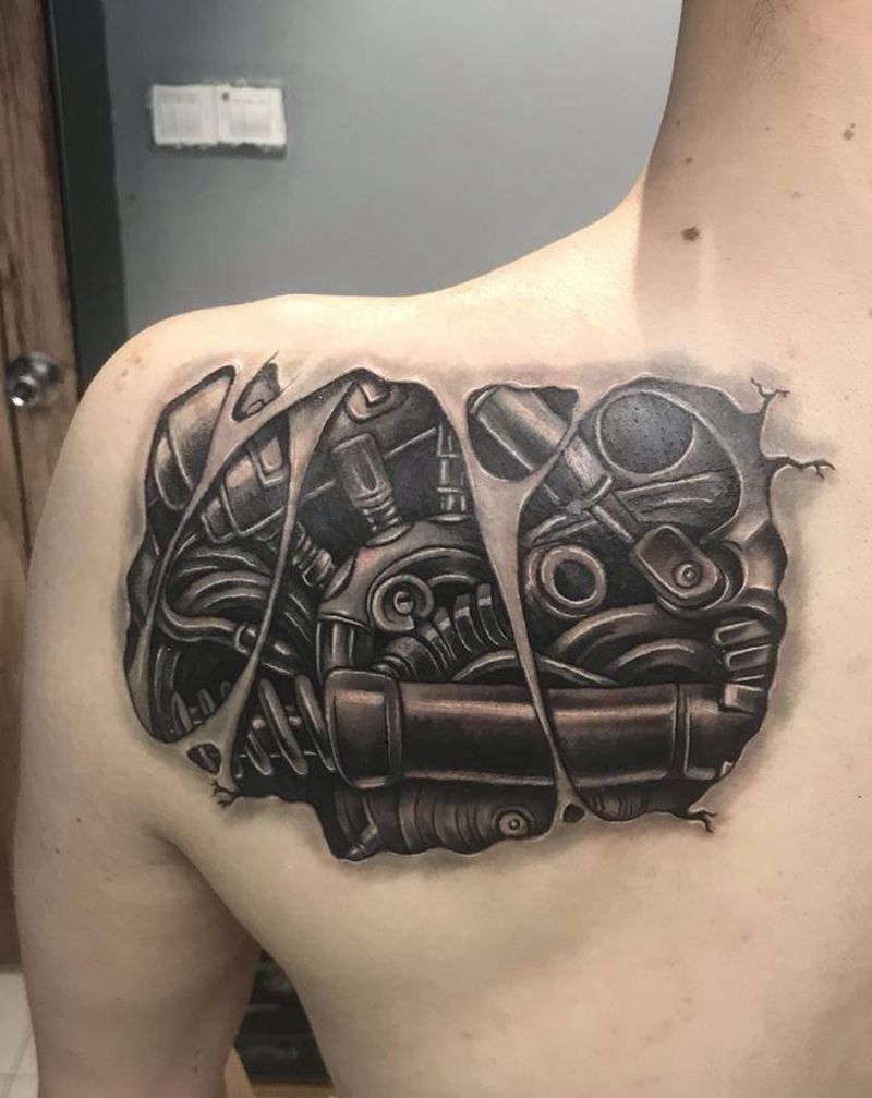 机械遮盖胎记纹身图片_背部原创机械纹身图案