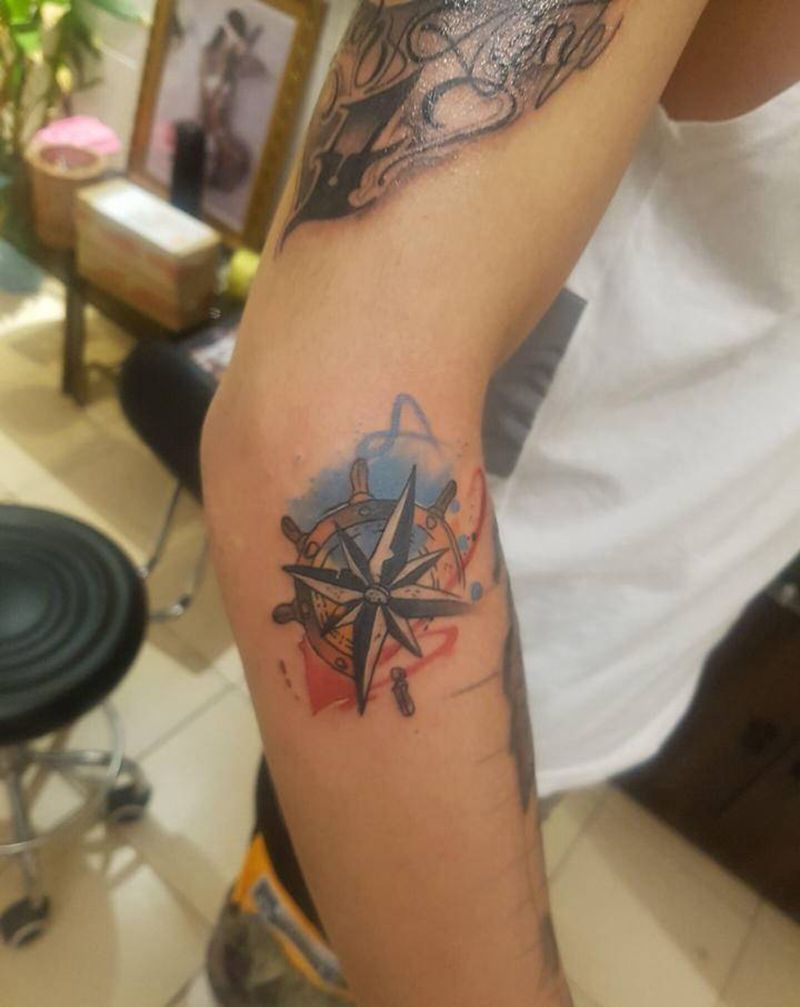 不知道是啥纹身图片_手部手臂水墨船指南针纹身图案