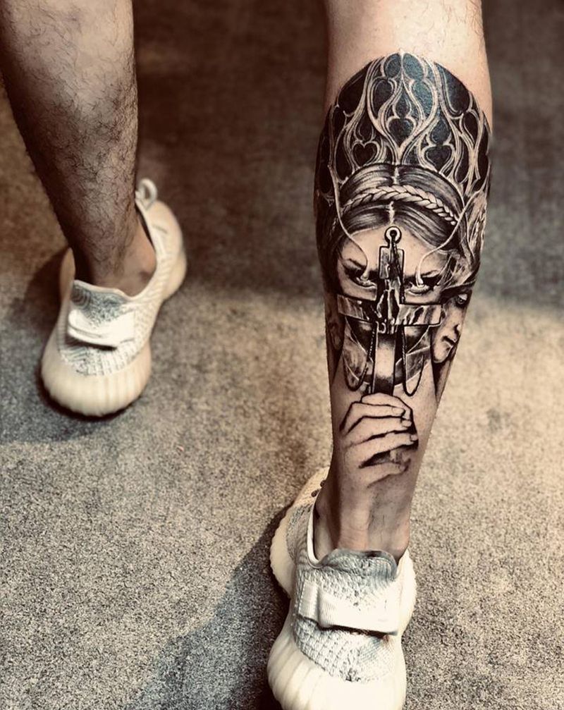 来自地狱的修女纹身图片_腿部欧美写实点刺纹身图案