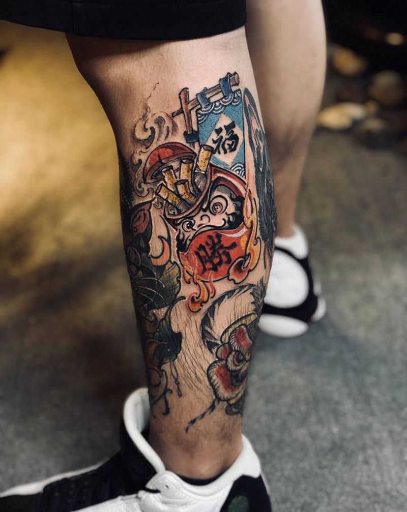 达摩蛋纹身图片_腿部New School纹身图案