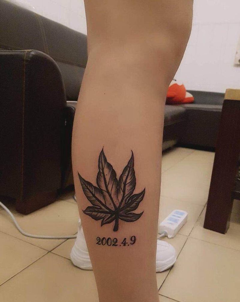 小叶子纹身图片_腿部Old School树叶纹身图案