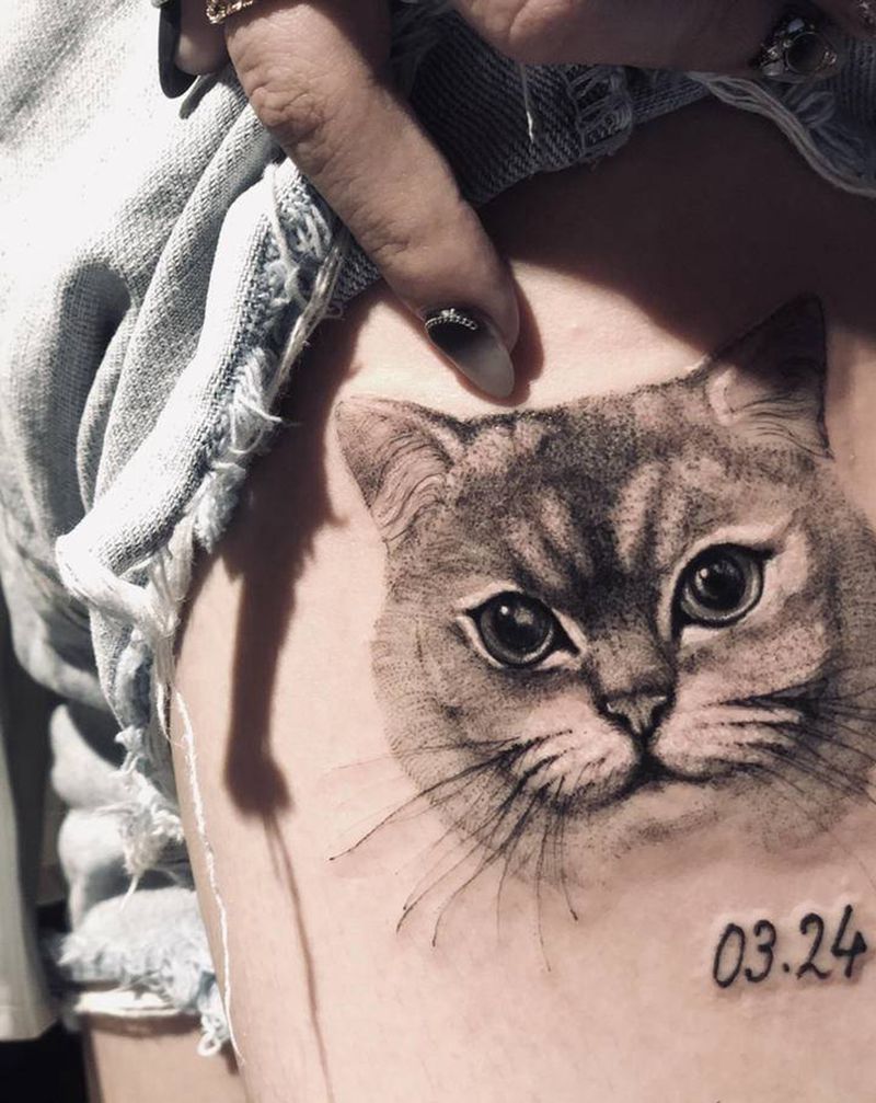 小猫咪纹身图片_腿部点刺欧美写实纹身图案