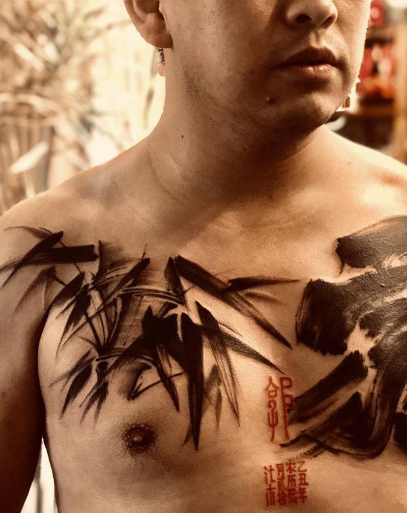 旧图覆盖～水墨纹身图片_胸部水墨新传统纹身图案