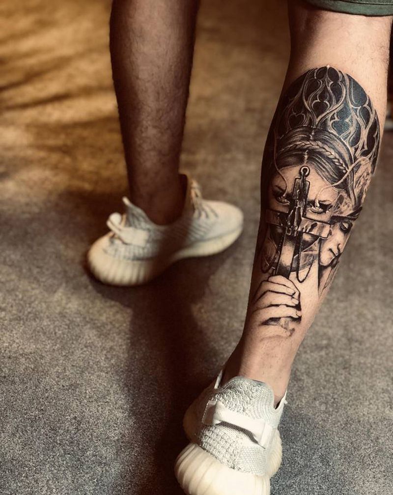 暗黑修女恢复后纹身图片_腿部点刺欧美写实纹身图案