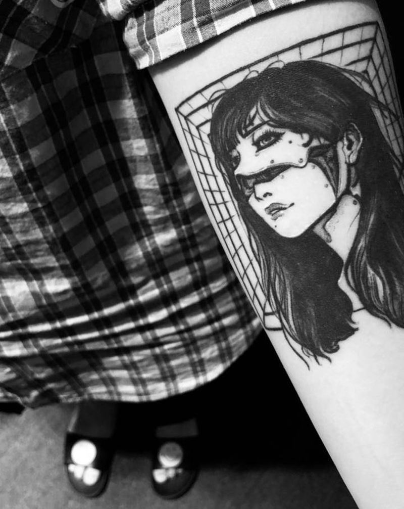 机械女孩恢复后纹身图片_手臂点刺几何纹身图案