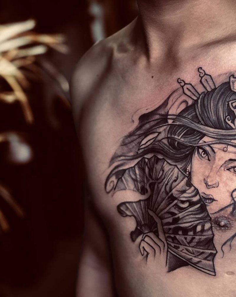 艺妓纹身图片_胸部新传统老传统纹身图案