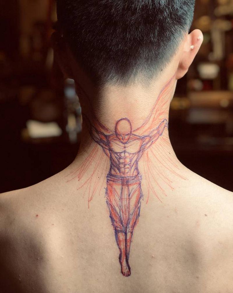 堕落天使纹身图片_颈部点刺几何纹身图案