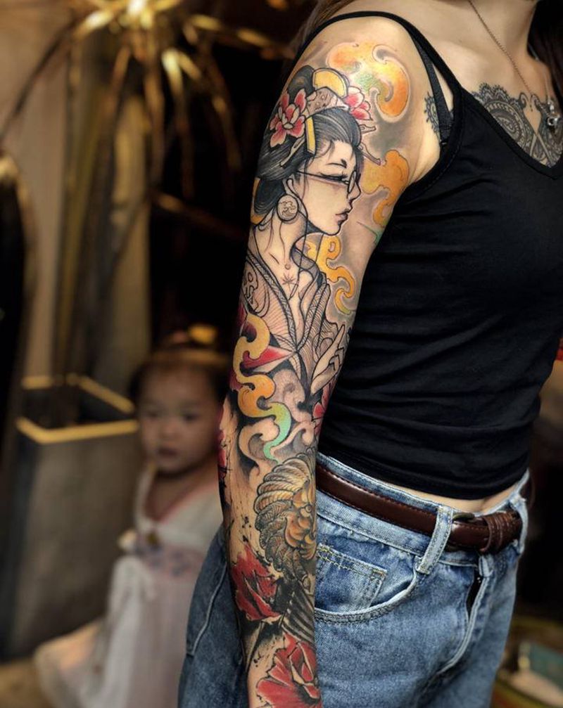 艺妓狮子座♌️纹身图片_手臂New School点刺纹身图案