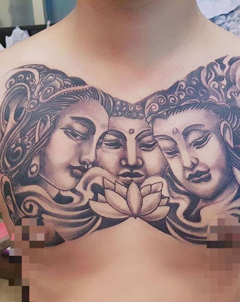 三面佛纹身图片_胸部杂项佛纹身图案
