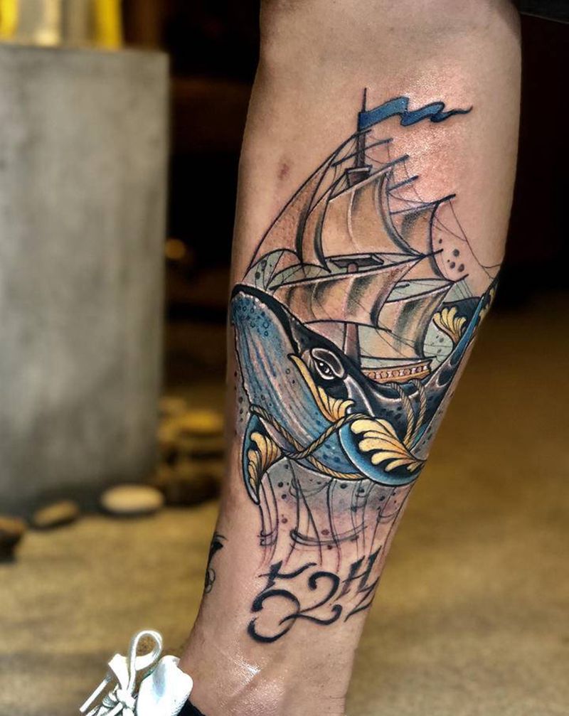 海蓝时见鲸纹身图片_腿部New School点刺纹身图案