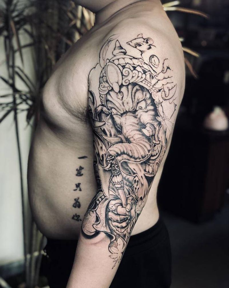 临摹作品象神纹身图片_手臂新传统老传统纹身图案