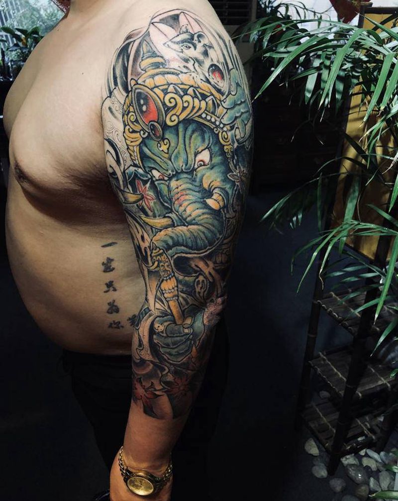 象神纹身图片_手臂新传统纹身图案