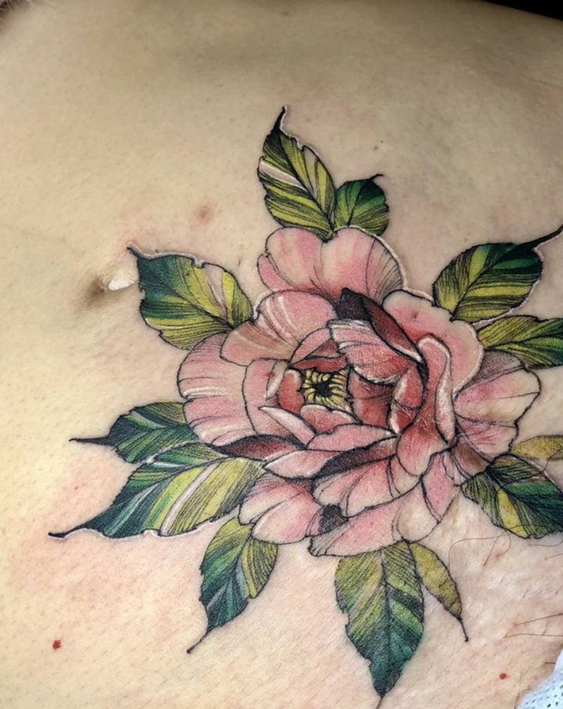 疤痕覆盖纹身图片_腹部点刺水彩纹身图案