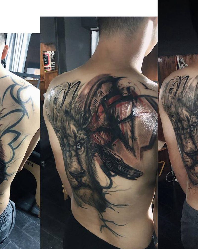 覆蓋修改。纹身图片_背部欧美写实水墨匪幫文化纹身图案
