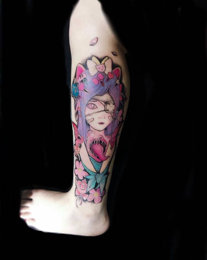 二次元毒藥纹身图片_腿部New School纹身图案