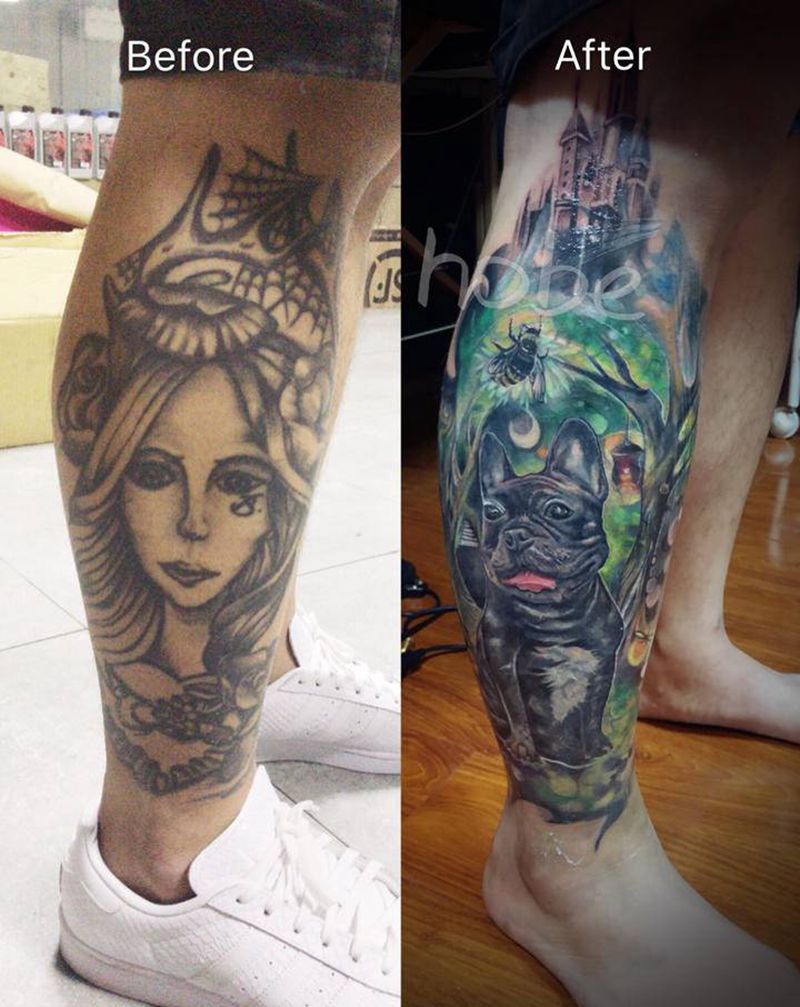 覆蓋纹身图片_腿部欧美写实水彩纹身图案