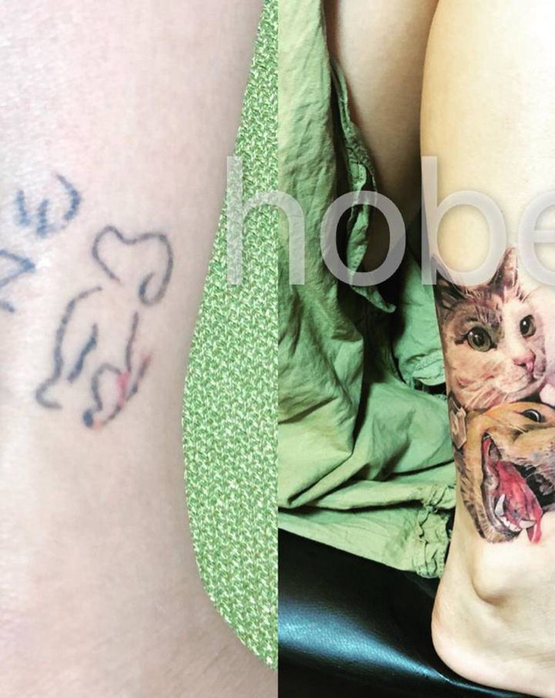 猫咪与狗狗纹身图片_脚部腿部欧美写实New School貓咪跟狗狗纹身图案