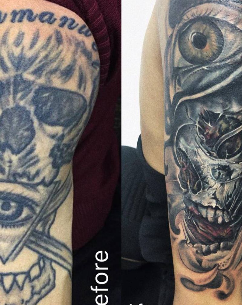 骷髅盖骷髏纹身图片_手臂手部欧美写实骷髅纹身图案