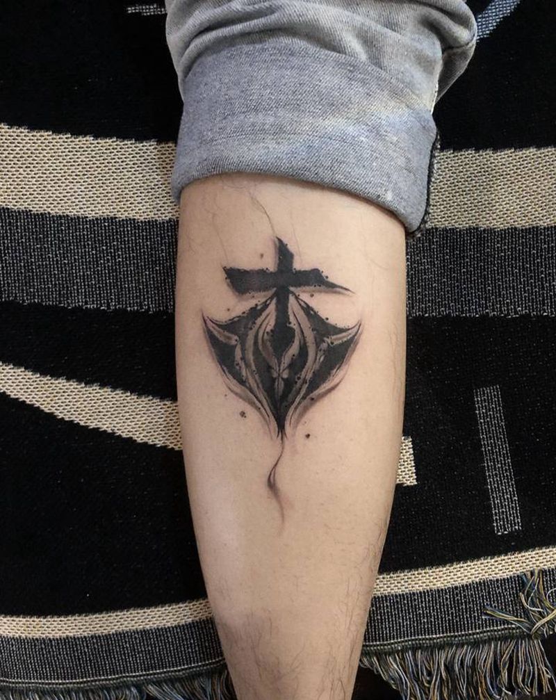 “杰”纹身图片_脚部腿部水墨花体字中文花体纹身图案