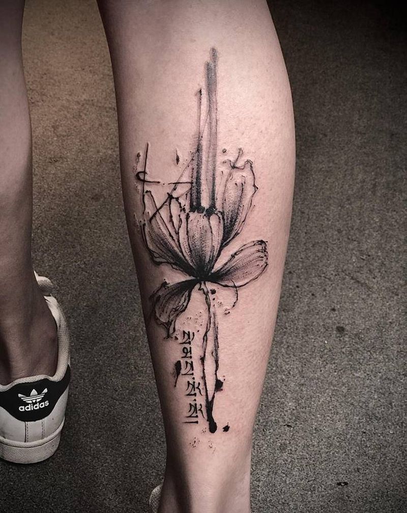 乱线“莲”纹身图片_腿部点刺几何纹身图案