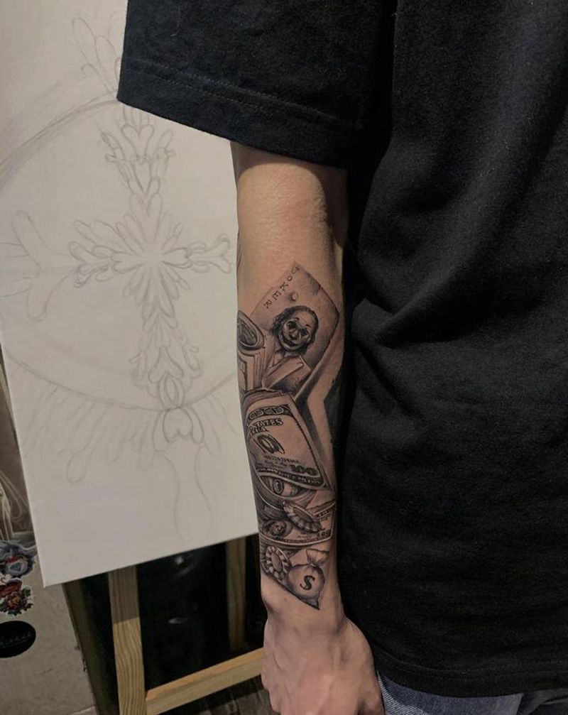 美钞组合纹身图片_手臂手部欧美写实纹身图案
