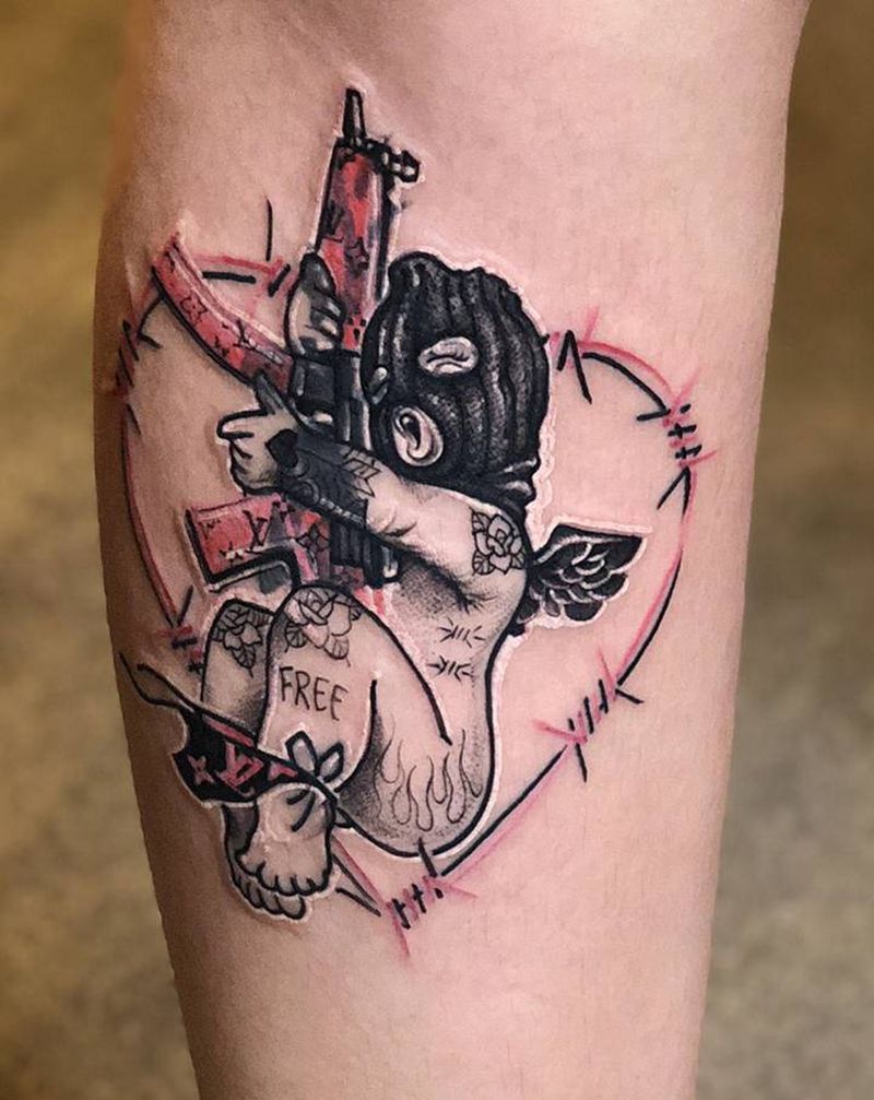 旧图覆盖纹身图片_腿部点刺New School纹身图案