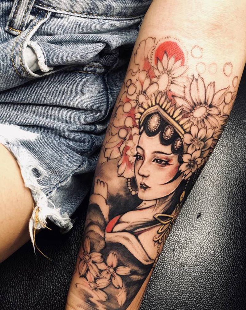 花旦未完纹身图片_手臂点刺新传统纹身图案