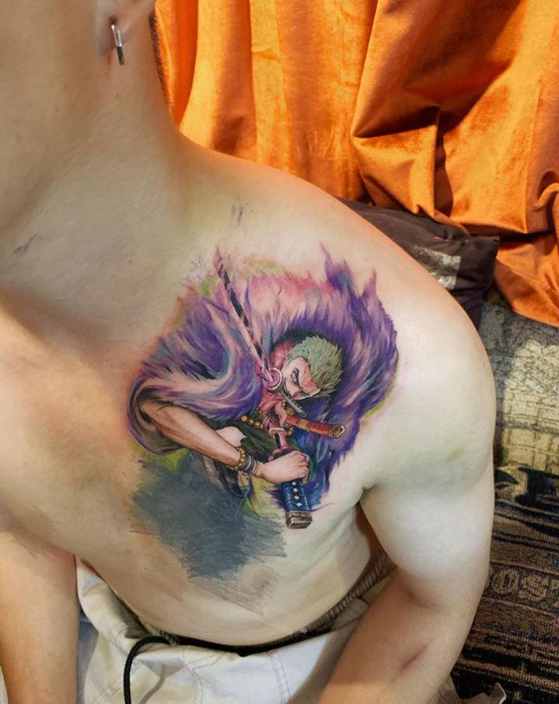 罗罗诺亚·索隆纹身图片_胸部肩部水彩New School纹身图案