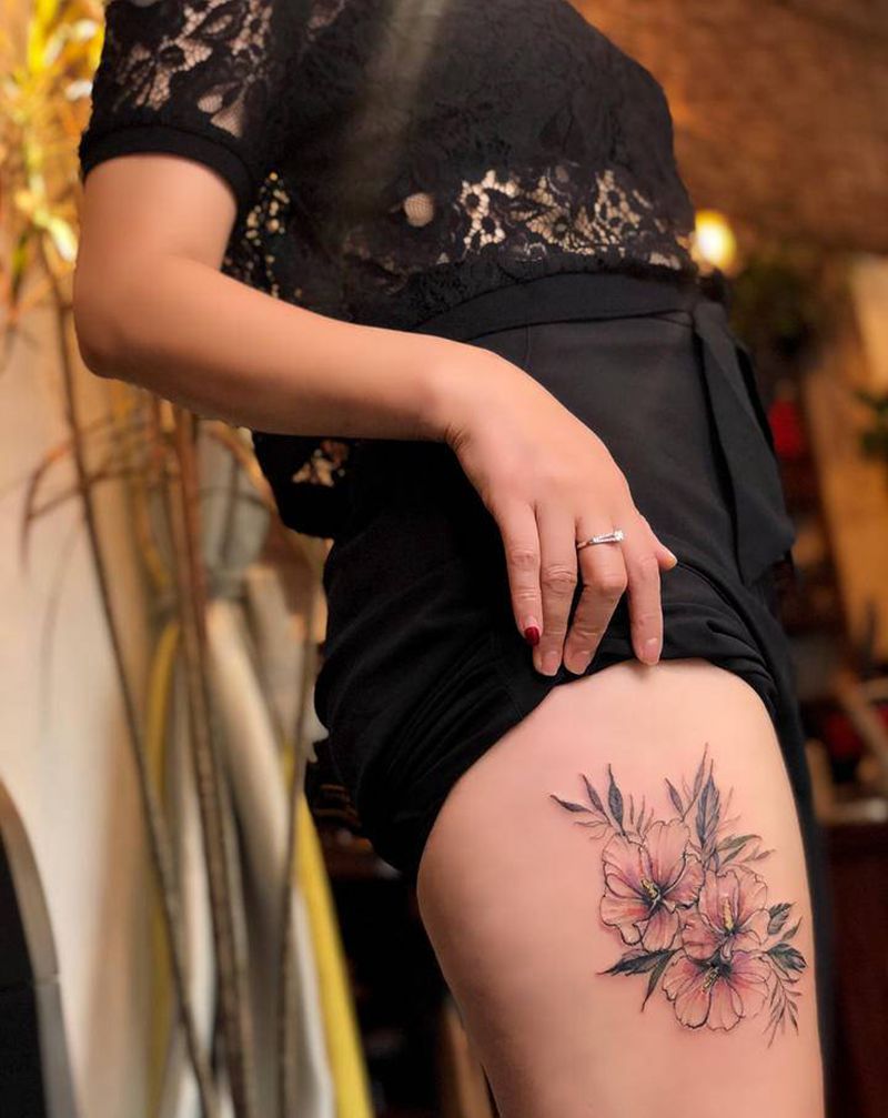 疤痕覆盖纹身图片_腿部水彩点刺水彩纹身图案